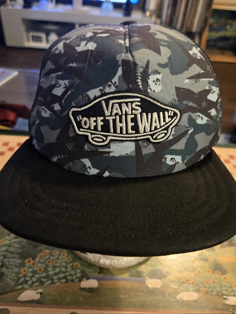 Vans Off The Wall Trucker Hat Black Camo Shark Print Snapback Skater Cap Patch